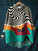 Women's Abstract Irregular Geometric Art Print Casual Cotton And Linen Shirt