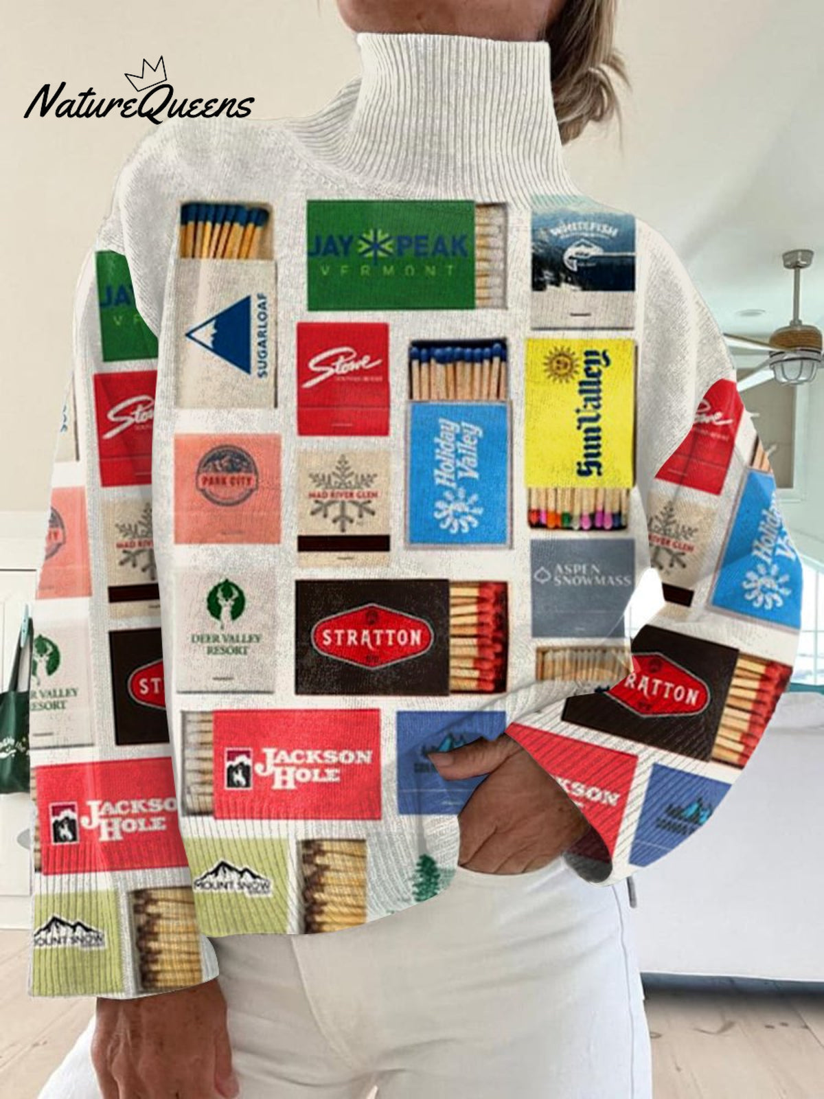 Retro Apres SkiArt Print Knit Turtleneck Pullover Sweater