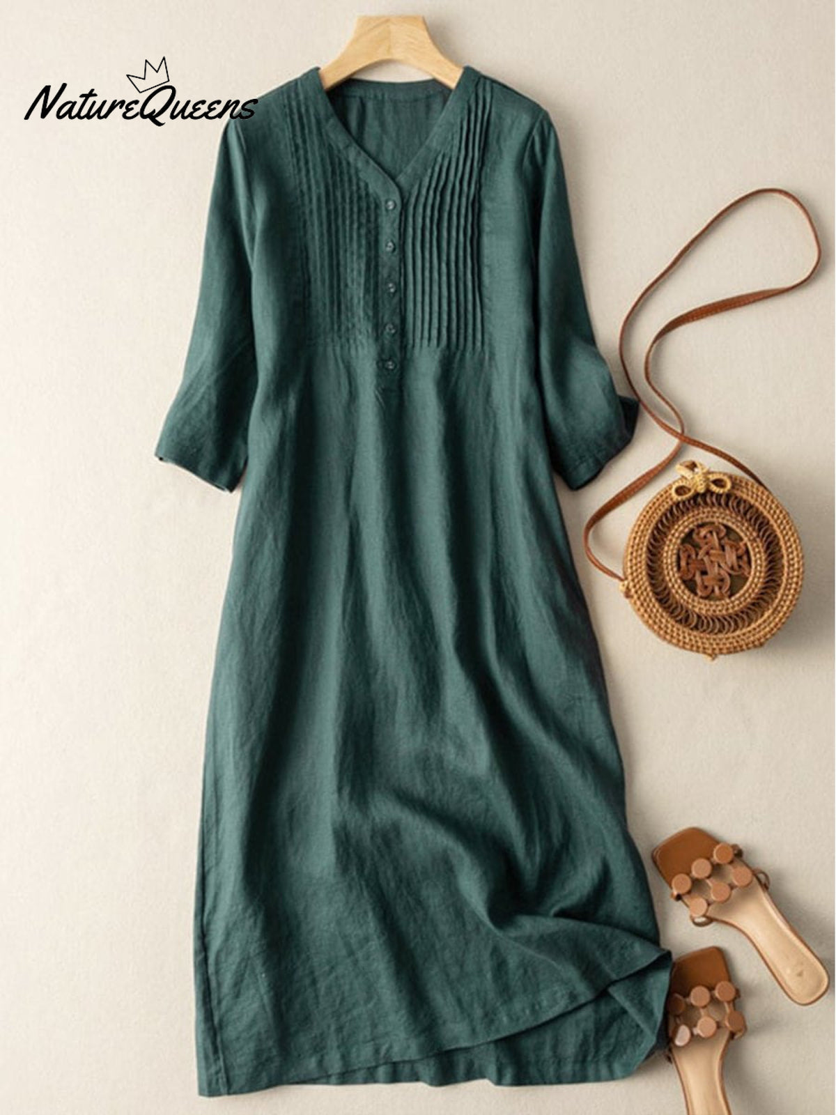Cotton And Linen V-Neck Pleated Loose Dress
