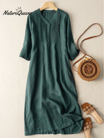 Cotton And Linen V-Neck Pleated Loose Dress
