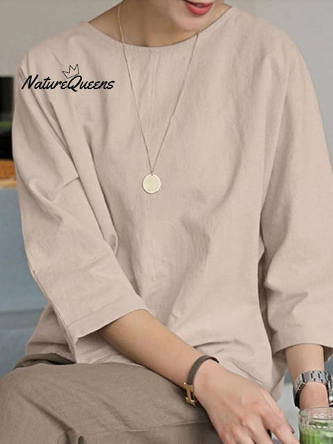 Women's Solid Color Loose Elegant Casual Cotton And Linen T-Shirt