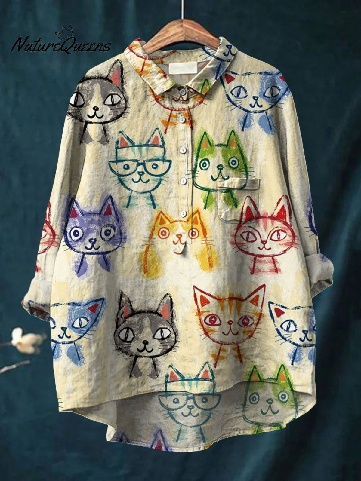 Women's Cute Cat Art Print Casual Cotton And Linen Shirt