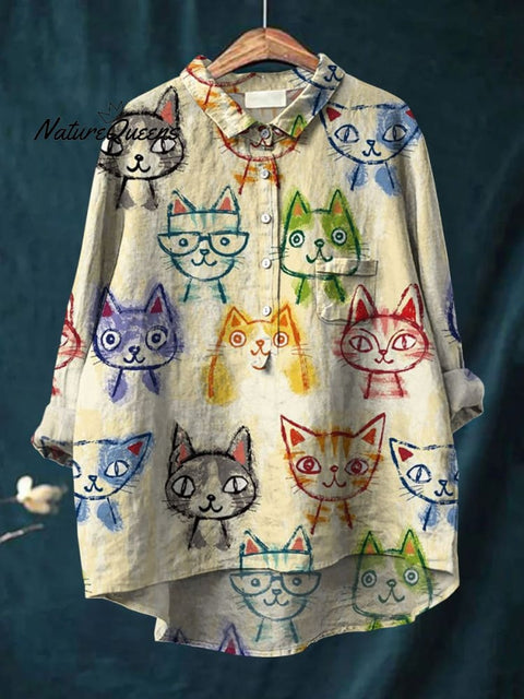 Women's Cute Cat Art Print Casual Cotton And Linen Shirt