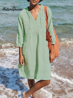 Women's Solid Color Loose Elegant Casual V-neck Pocket Cotton And Linen Dress