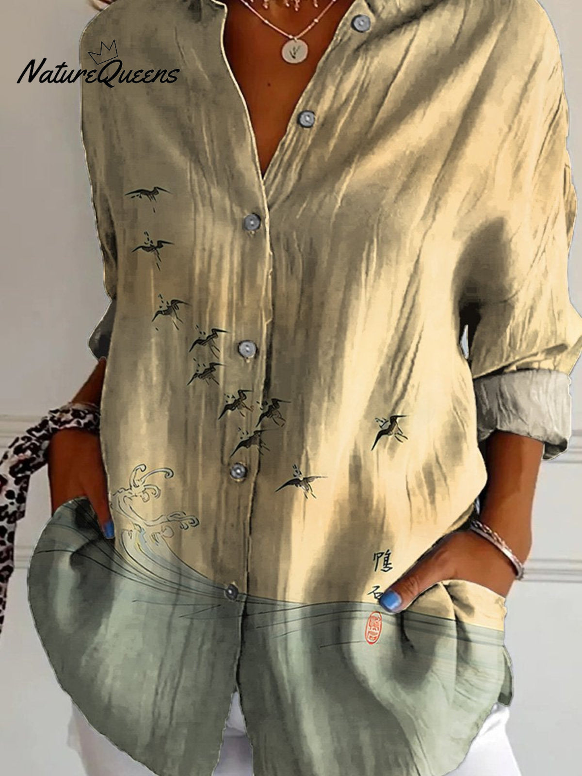 Women's Retro Waves Seabirds Japanese Art Graphic Print Casual Cotton Shirt