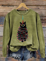 Retro Glitter Cats ChristmasPrintCasualSweatshirt