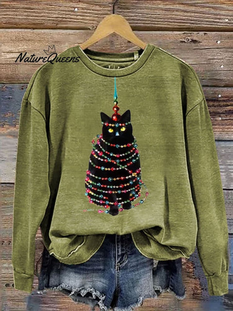 Retro Glitter Cats Christmas  Print  Casual  Sweatshirt