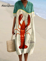 Women's Vintage Fish Lobster Art Print Flowy Dress