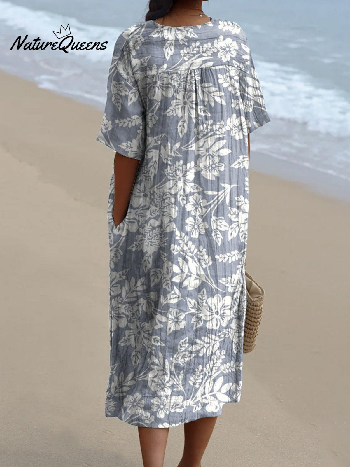 Women's White Floral Print On Blue Background Print Pocket Linen Dress（Convertible Dress With Front And Back Option）