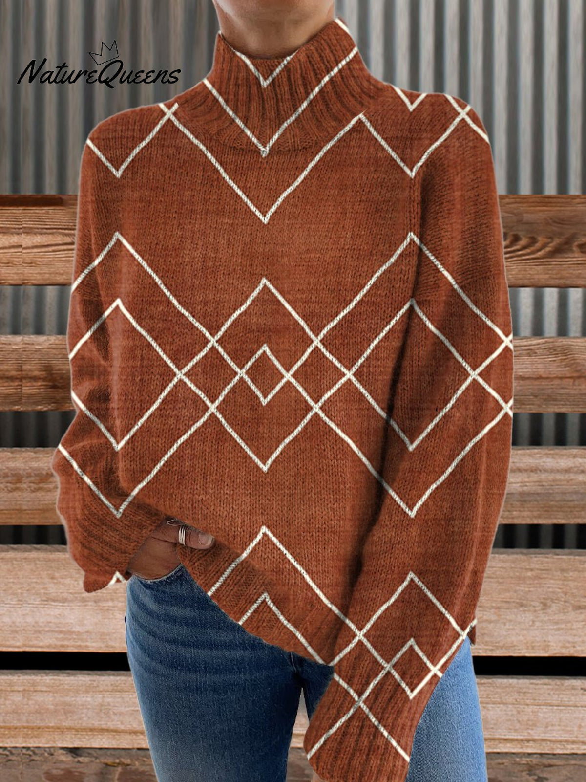 Brown Vintage Aztecs Print Knit Turtleneck Pullover Sweater