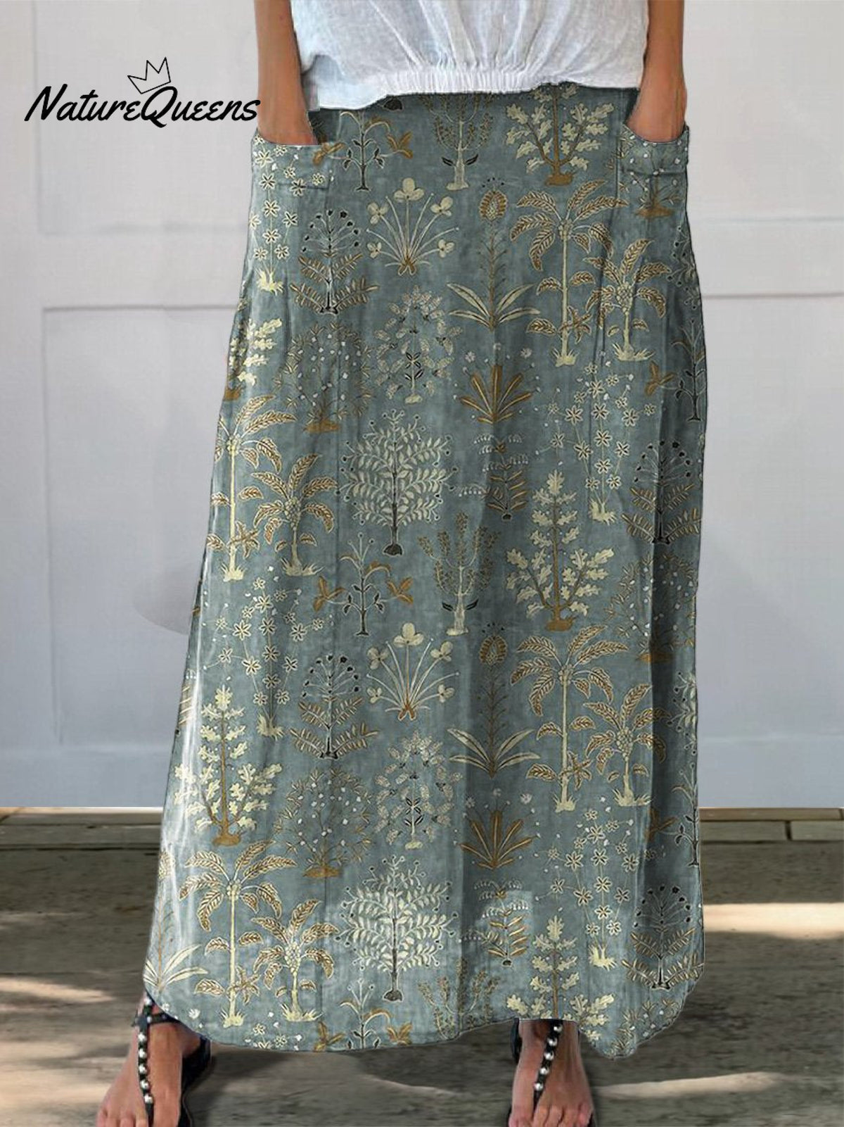 Woodland Vegetation Pattern Printed Women’s Linen Elastic Waistband Pocket Skirt