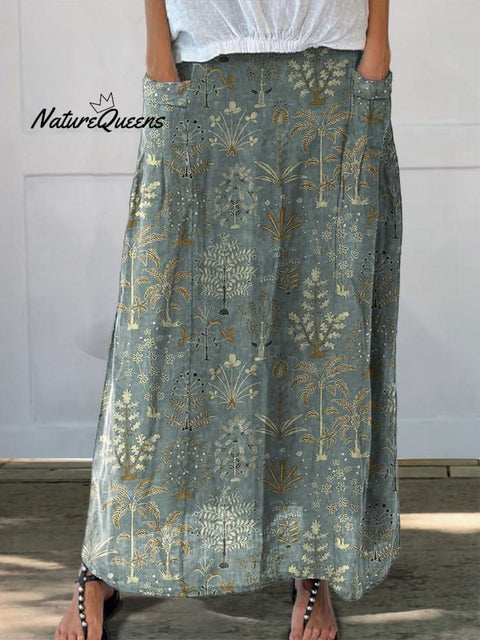Woodland Vegetation Pattern Printed Women’s Linen Elastic Waistband Pocket Skirt