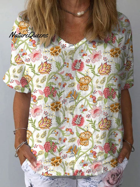 Women's Floral Art Print Casual Cotton And Linen Shirt