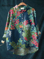 Women's Flower Print Casual Cotton And Linen Shirt