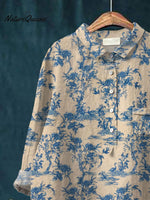 Women's Flower Art Print Casual Cotton And Linen Shirt