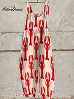 Red Lobster Decorative Pattern Casual 100% Cotton Wide Leg Jumpsuit