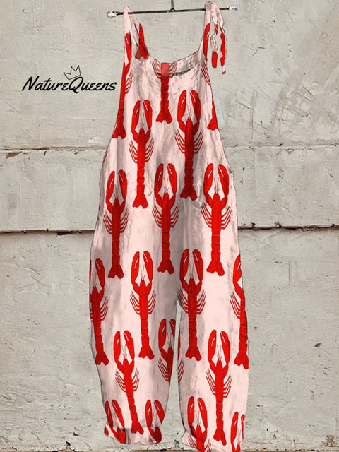 Red Lobster Decorative Pattern Casual 100% Cotton Wide Leg Jumpsuit