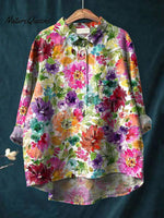 Lovely Watercolor Summer Floral Printed Women's Casual Cotton And Linen Shirt