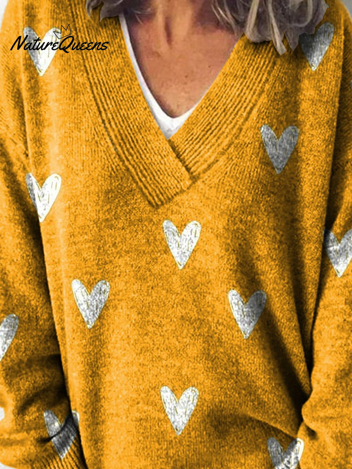 Lovely Hearts Repeat Pattern Printed Knit V-Neck Pullover Sweater