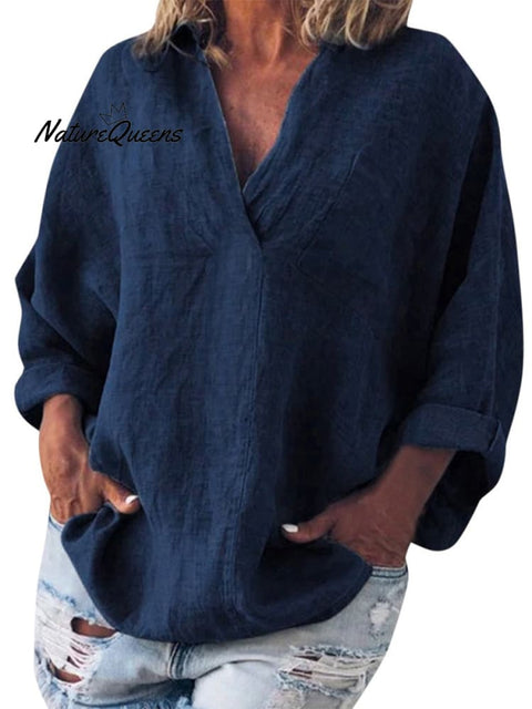 Women's Cotton and Linen V-neck Long-sleeved Pullover Top