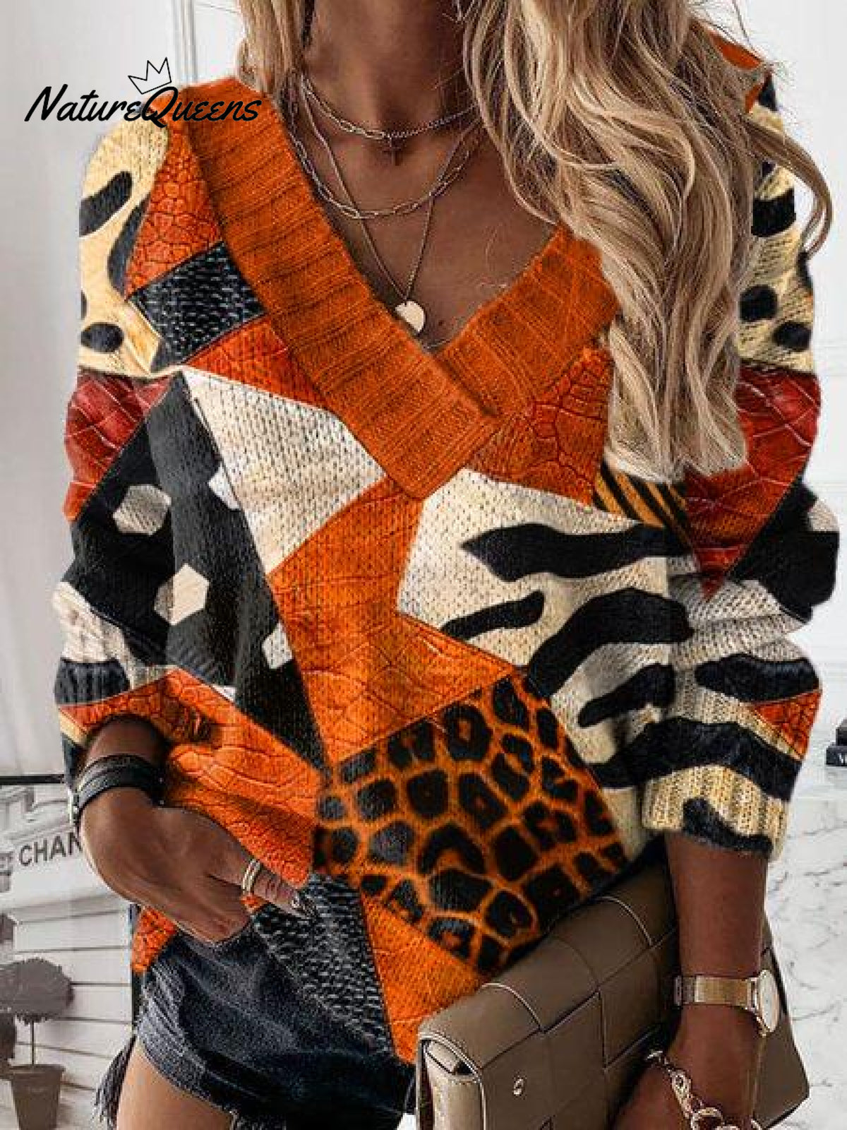 Halloween Color Block Art Print Knit V-neck Pullover Sweater