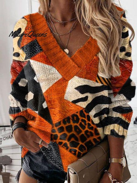 Halloween Color Block Art Print Knit V-neck Pullover Sweater