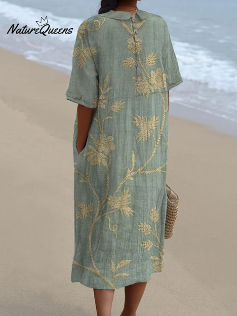 Women’s Vintage Lovely Floral Art Print Casual Pocket Linen Dress（Convertible Dress With Front