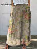 Women’s Retro Floral Watercolor Art Linen Pocket Skirt