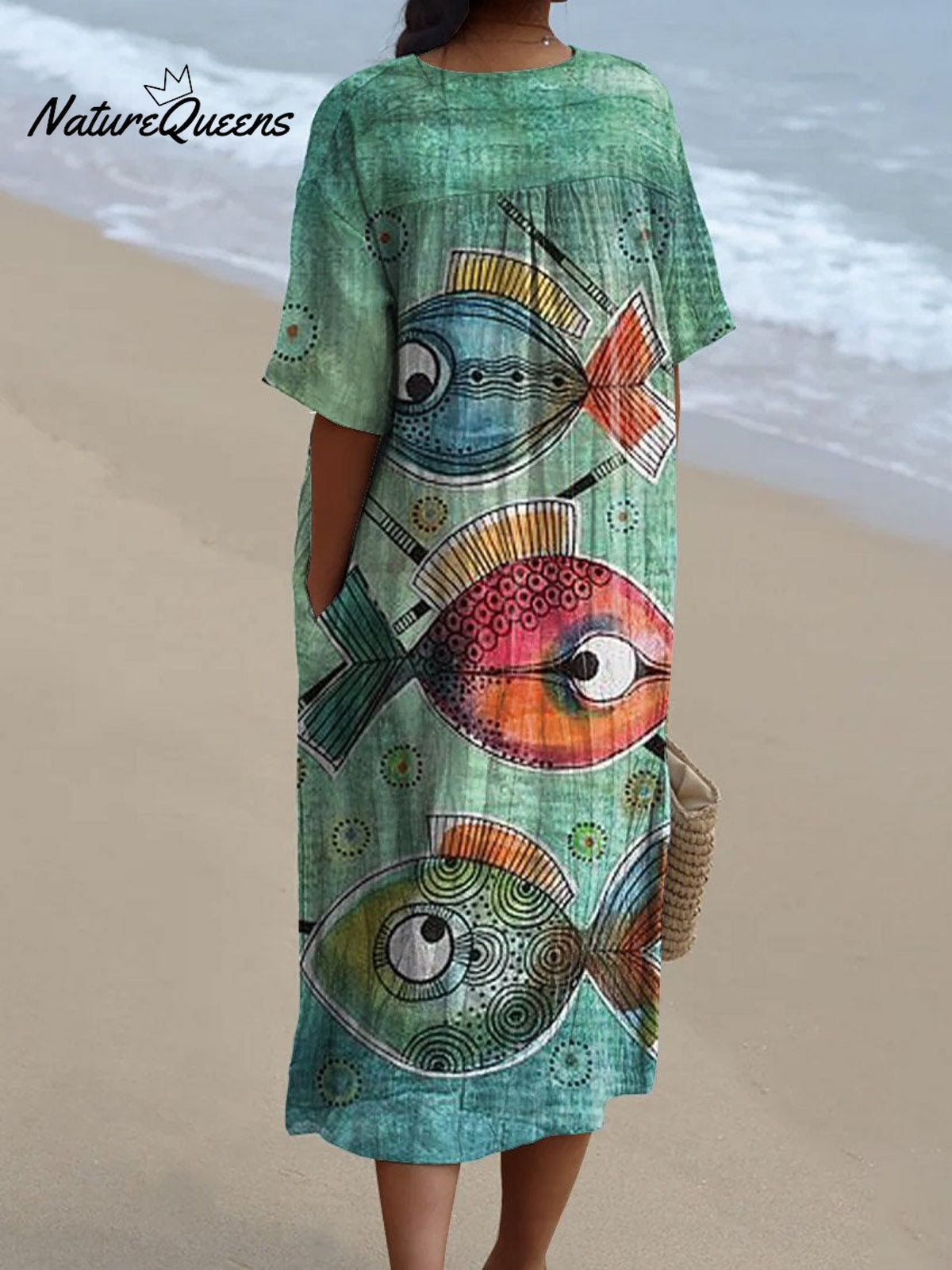 Women's Vintage Lovely Fish Art Print Flowy Dress