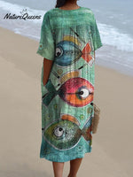Women's Vintage Lovely Fish Art Print Flowy Dress