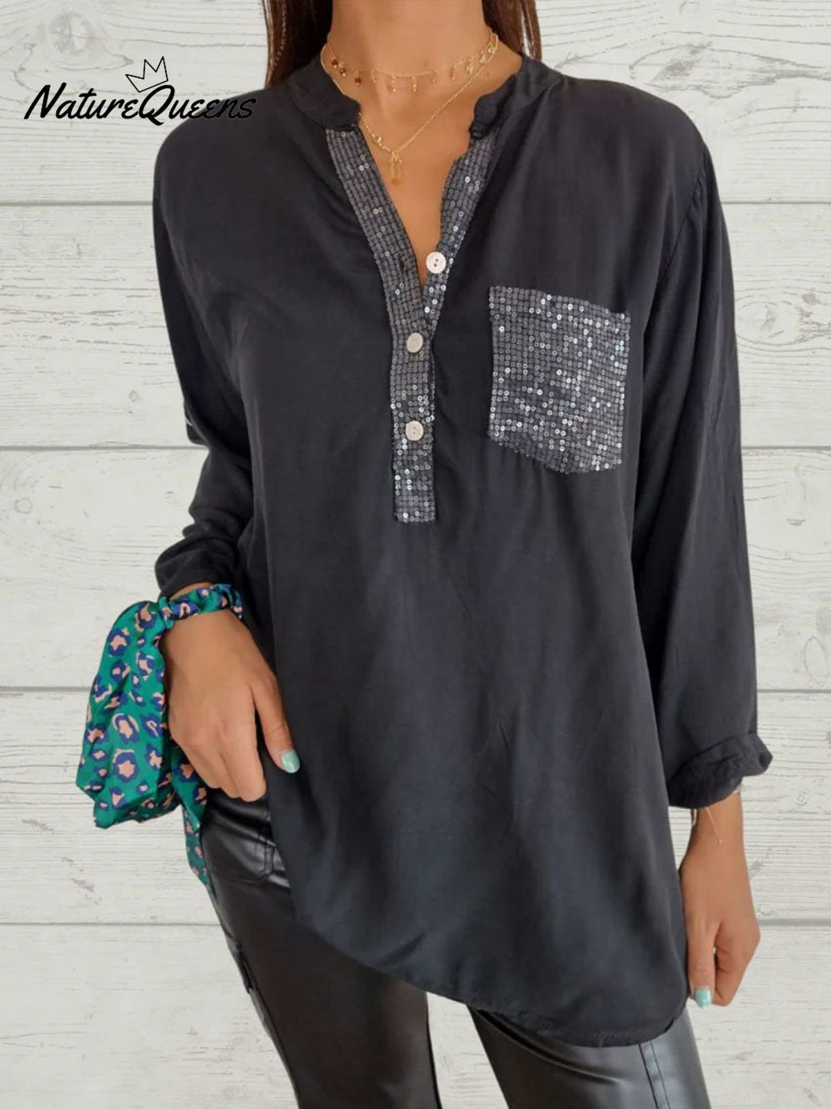 Women’s Casual Sequin Patchwork Shirt
