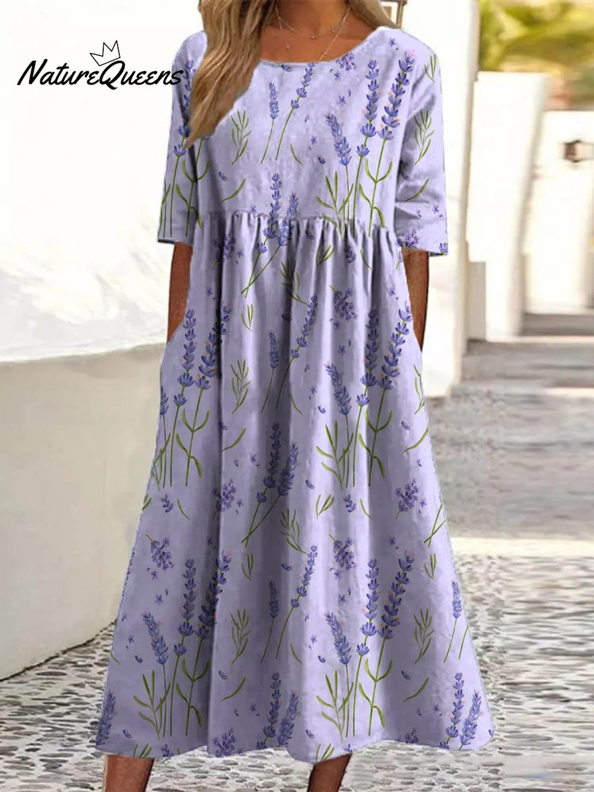 Women's Lovely Lavender Art Print Pocket Cotton Dress
