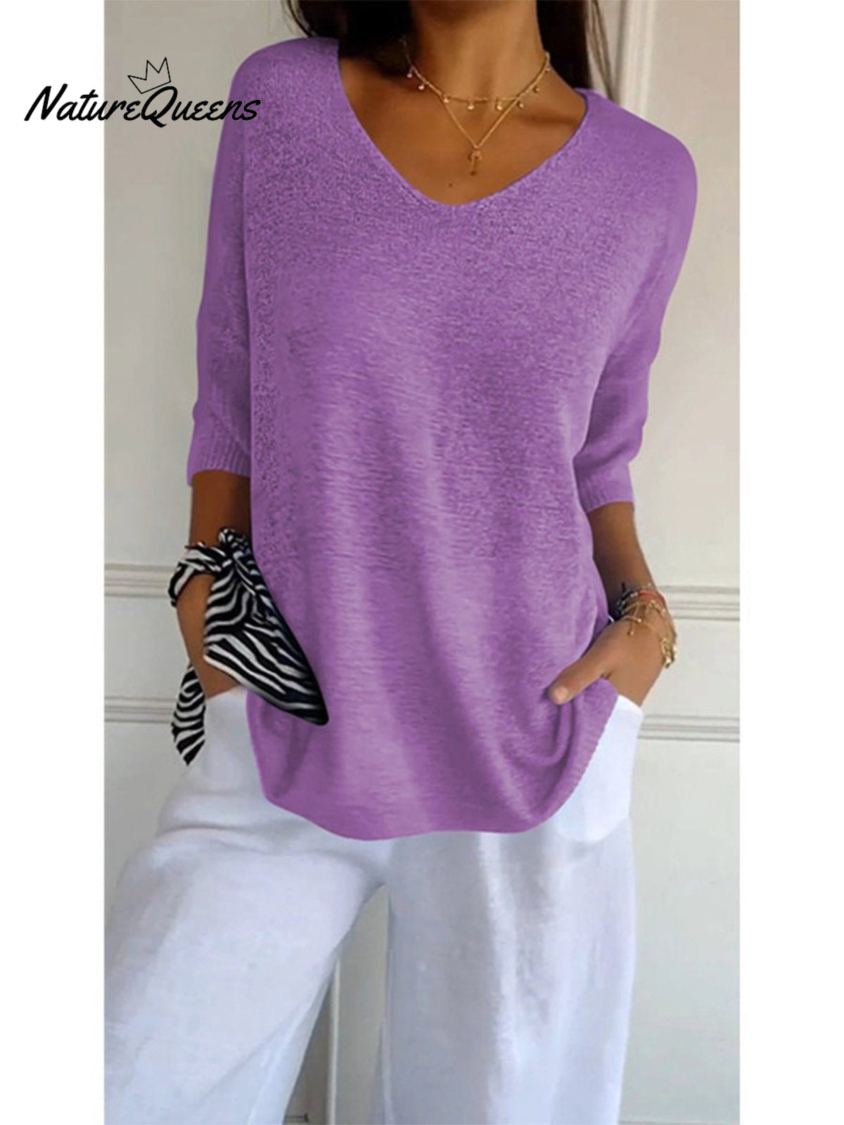 Women’s Solid Color Knitted 3/4 Sleeve V - Neck Top Purple / S