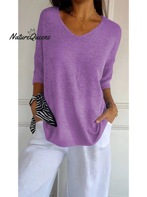 Women’s Solid Color Knitted 3/4 Sleeve V - Neck Top Purple / S