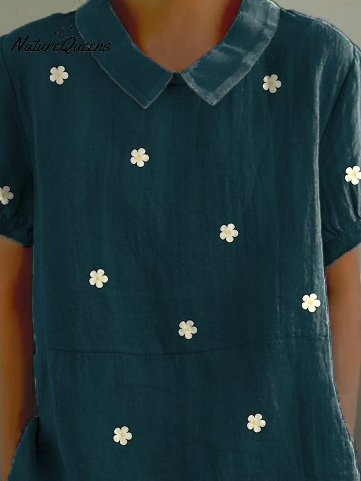 Petite White Daisy Repeat Pattern Printed Women’s Casual Cotton And Linen Shirt