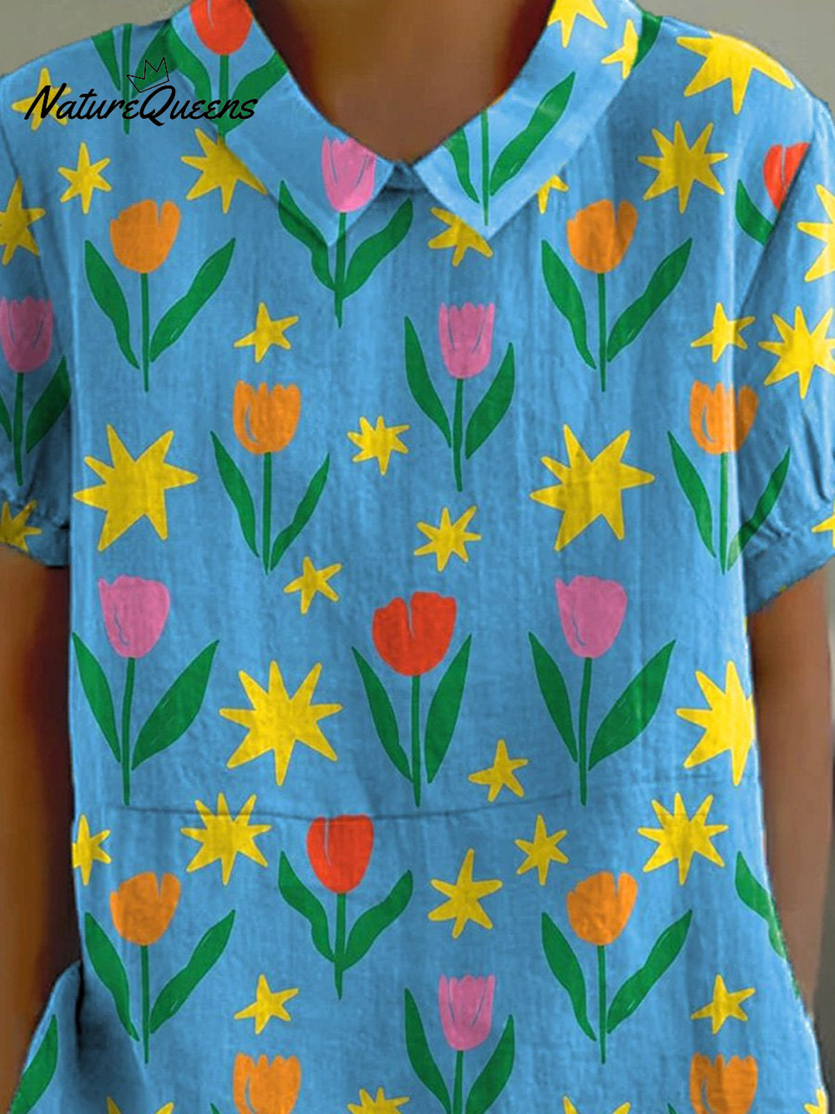 Tulip And Star Cartoon Pattern Printed Women's Casual Cotton And Linen Shirt