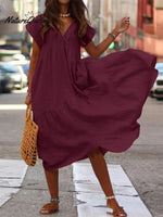 Temperament Cotton And Linen Loose V - Neck Women’s Dress Red / S