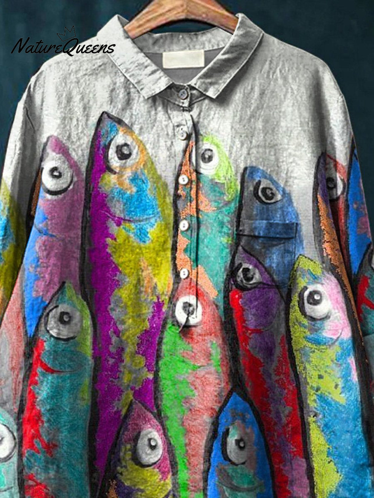 Funny Colorful Sardine Fish Art Printed Women's Casual Cotton And Linen Shirt