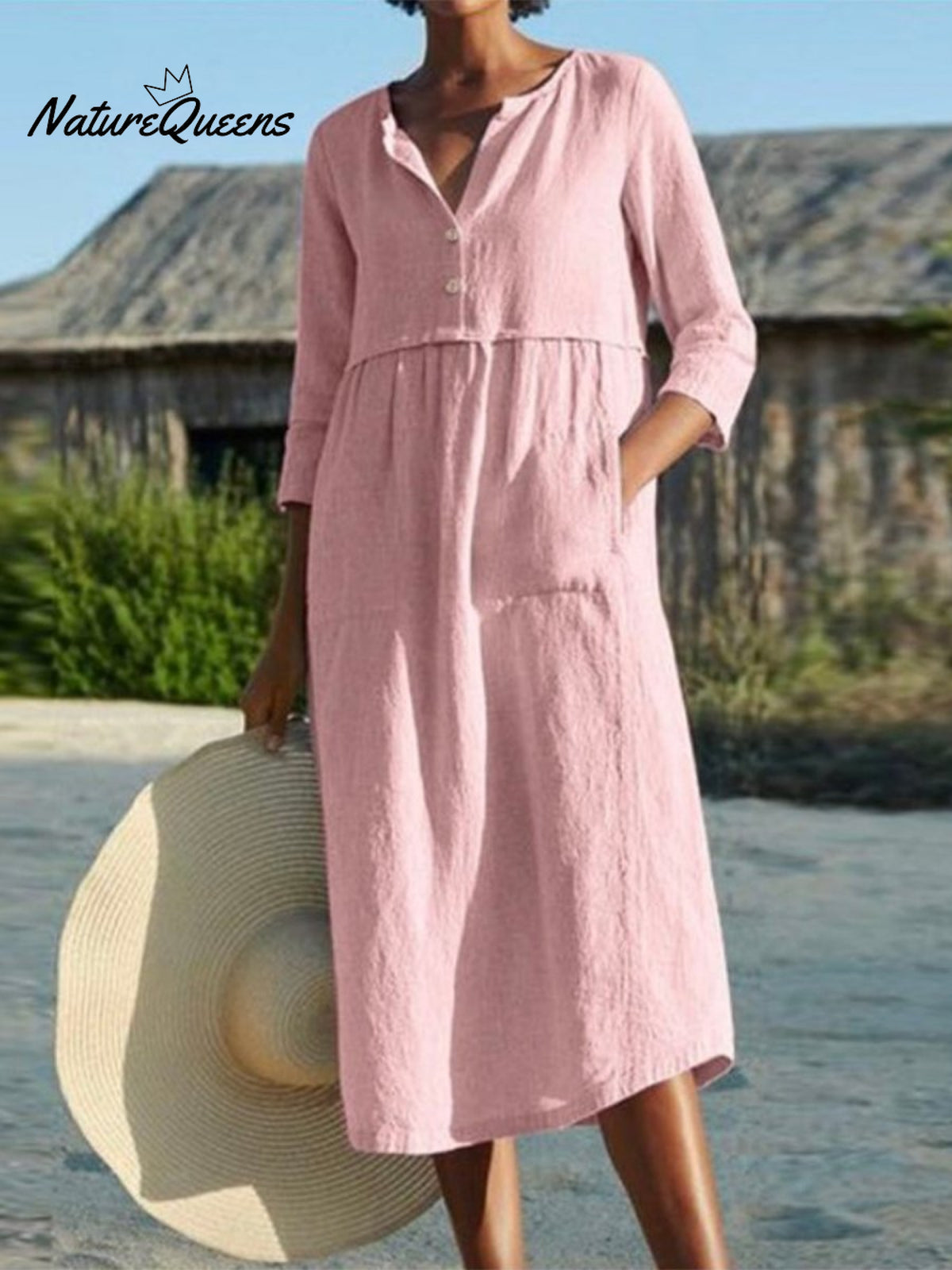 Cotton And Linen Mid - Sleeve Dress Pink / S