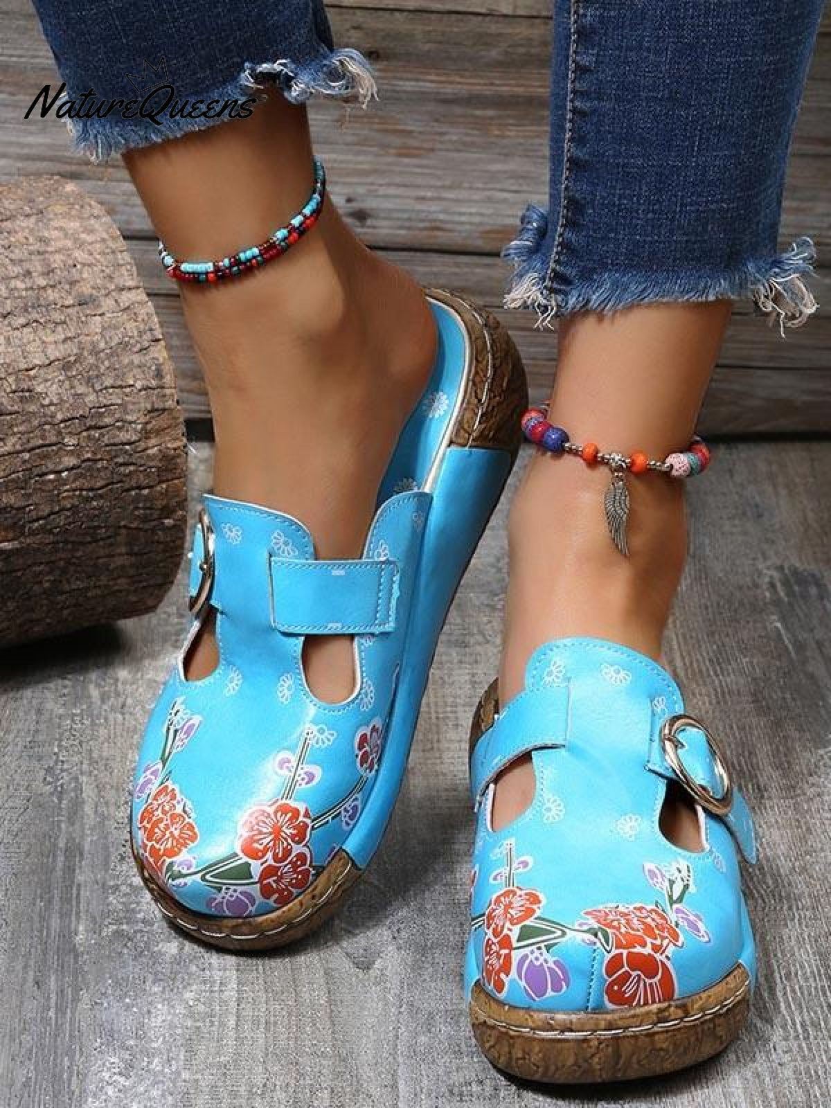 Women’s Ethnic Style Flower Color Matching Thick Soled Sandals Lakeblue / 36
