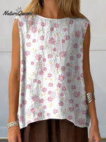 Pink Daisy Floral Pattern Printed Women’s Casual Cotton And Linen Tank Top