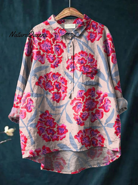 Women's Flower Art Print Casual Cotton And Linen Shirt