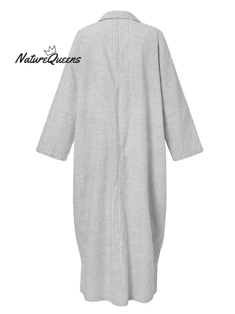 Women’s Elegant Cotton Linen Striped Cardigan Loose Casual Irregular Dress