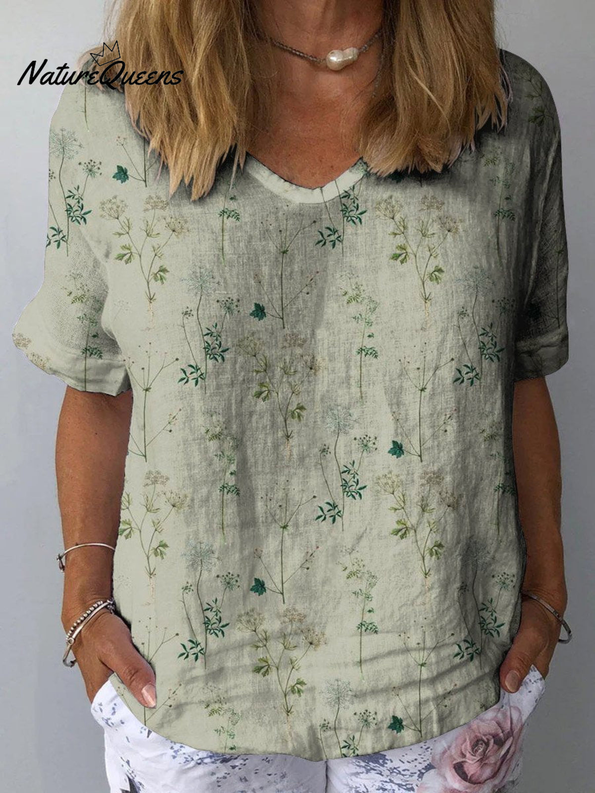 Women’s Retro Floral Art Print Casual Cotton And Linen Shirt Green / S