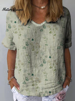 Women’s Retro Floral Art Print Casual Cotton And Linen Shirt Green / S