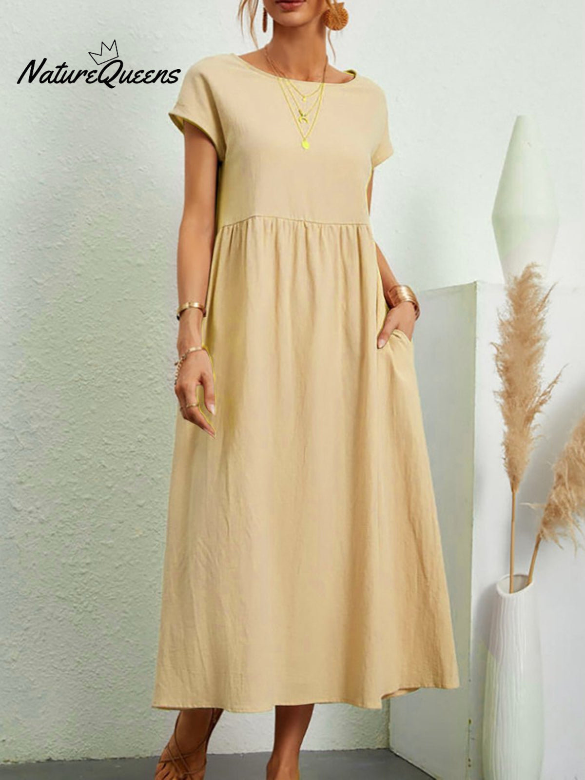 Women’s Solid Color Cotton Linen Round Neck A - Line Dress Light Khaki / S