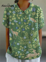 Women's Vintage Floral Animals Art Print Casual Cotton And Linen Shirt