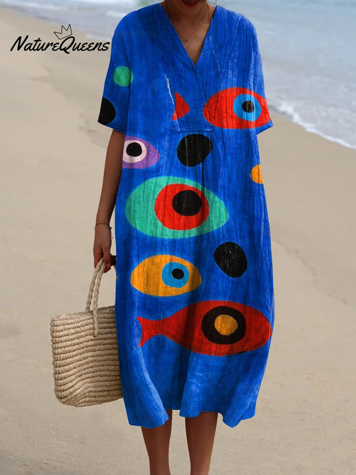 Women's Vintage Lovely Fish Art Print Flowy Dress