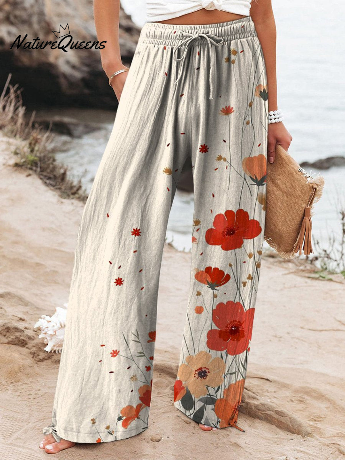 Watercolor Poppy Floral Art Pattern Printed Women's Cotton And Linen Casual Pants