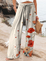 Watercolor Poppy Floral Art Pattern Printed Women's Cotton And Linen Casual Pants